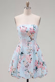Pink Floral Satin Strapless A-Line Short Homecoming Dress
