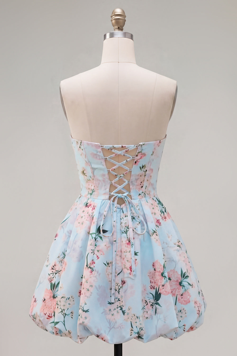 Pink Floral Satin Strapless A-Line Short Homecoming Dress