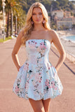 Pink Floral Satin Strapless A-Line Short Homecoming Dress