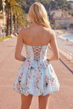 Pink Floral Satin Strapless A-Line Short Homecoming Dress