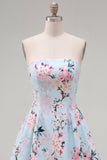 Pink Floral Satin Strapless A-Line Short Homecoming Dress
