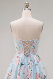 Pink Floral Satin Strapless A-Line Short Homecoming Dress