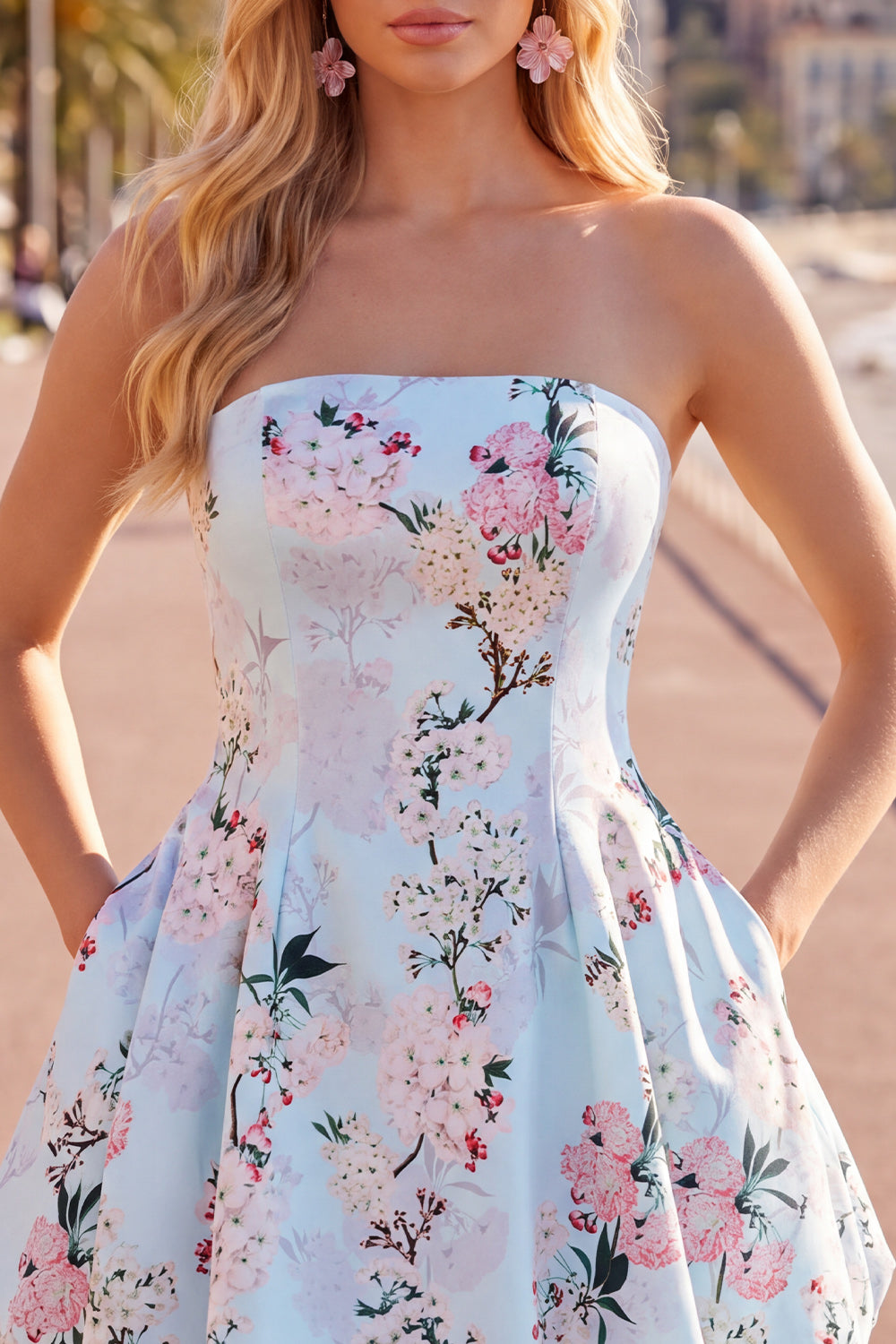 Pink Floral Satin Strapless A-Line Short Homecoming Dress