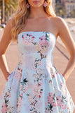 Pink Floral Satin Strapless A-Line Short Homecoming Dress