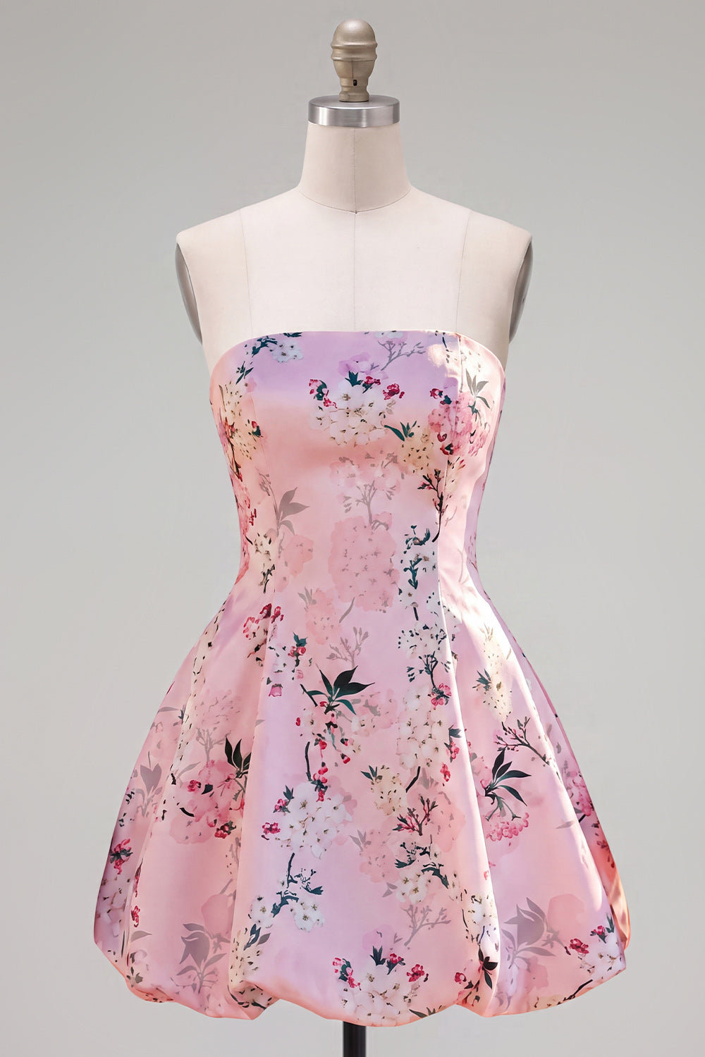 Pink Floral Satin Strapless A-Line Short Homecoming Dress