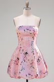Pink Floral Satin Strapless A-Line Short Homecoming Dress