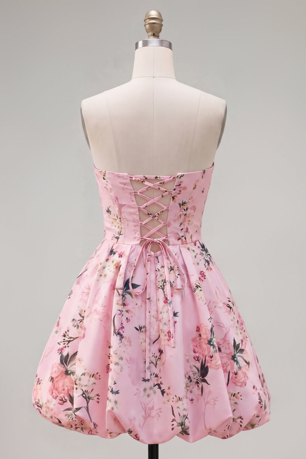 Pink Floral Satin Strapless A-Line Short Homecoming Dress