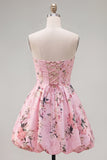 Pink Floral Satin Strapless A-Line Short Homecoming Dress