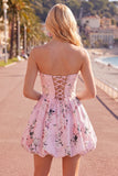 Pink Floral Satin Strapless A-Line Short Homecoming Dress