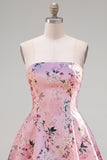 Pink Floral Satin Strapless A-Line Short Homecoming Dress