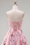 Pink Floral Satin Strapless A-Line Short Homecoming Dress