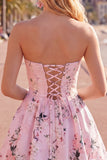 Pink Floral Satin Strapless A-Line Short Homecoming Dress