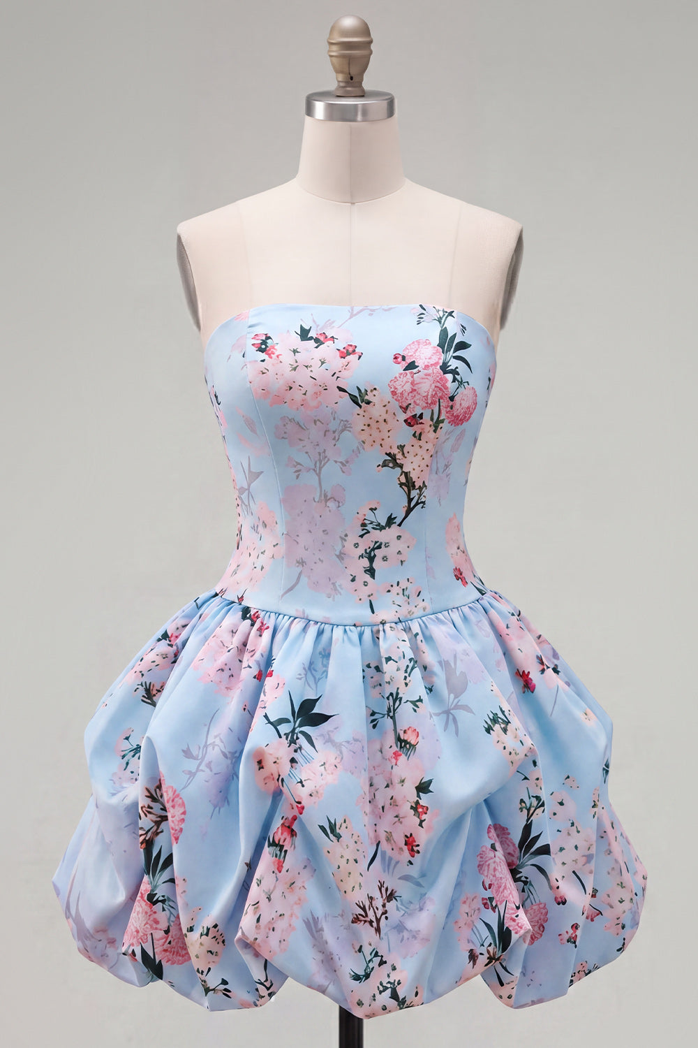Floral Blue Printed A-Line Lace-Up Back Short Homecoming Dress
