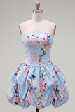 Floral Blue Printed A-Line Lace-Up Back Short Homecoming Dress
