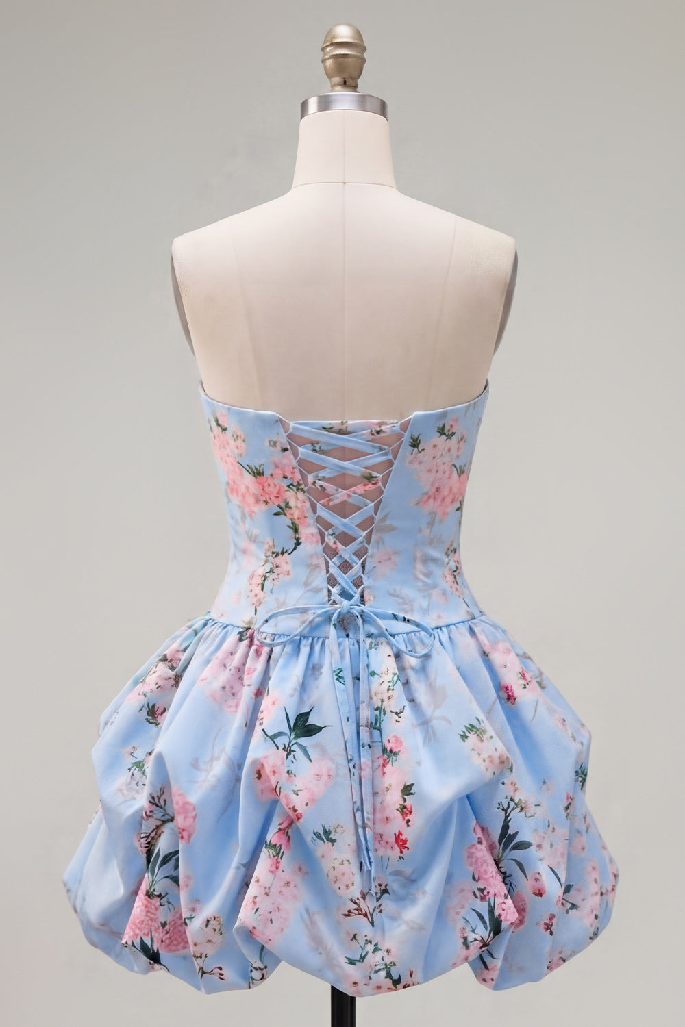 Floral Blue Printed A-Line Lace-Up Back Short Homecoming Dress