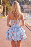 Floral Blue Printed A-Line Lace-Up Back Short Homecoming Dress