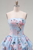 Floral Blue Printed A-Line Lace-Up Back Short Homecoming Dress