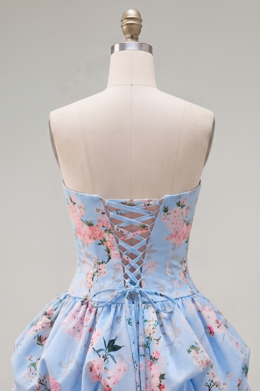 Floral Blue Printed A-Line Lace-Up Back Short Homecoming Dress