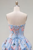 Floral Blue Printed A-Line Lace-Up Back Short Homecoming Dress