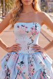 Floral Blue Printed A-Line Lace-Up Back Short Homecoming Dress