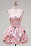 Floral Blue Printed A-Line Lace-Up Back Short Homecoming Dress
