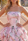 Floral Blue Printed A-Line Lace-Up Back Short Homecoming Dress