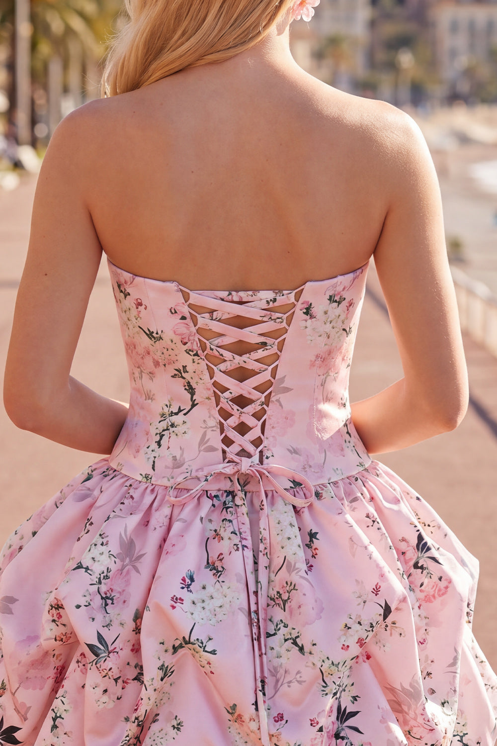 Floral Blue Printed A-Line Lace-Up Back Short Homecoming Dress