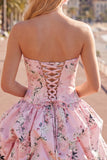 Floral Blue Printed A-Line Lace-Up Back Short Homecoming Dress