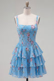 Floral Blue A-Line Tiered Ruffled Short Corset Homecoming Dress