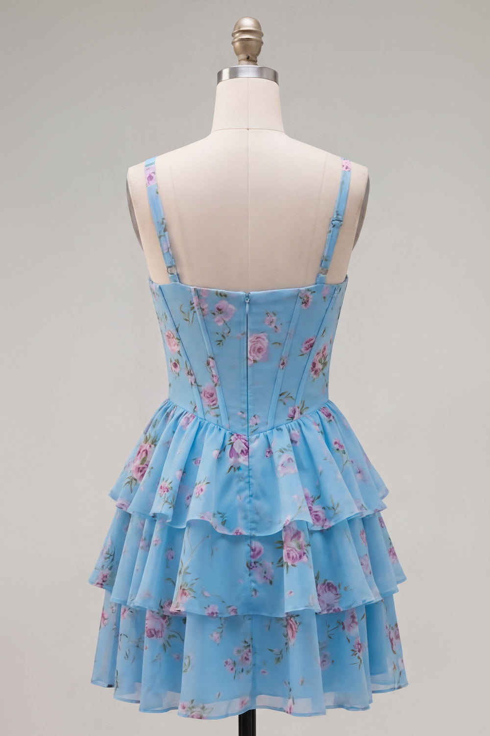 Floral Blue A-Line Tiered Ruffled Short Corset Homecoming Dress