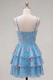 Floral Blue A-Line Tiered Ruffled Short Corset Homecoming Dress
