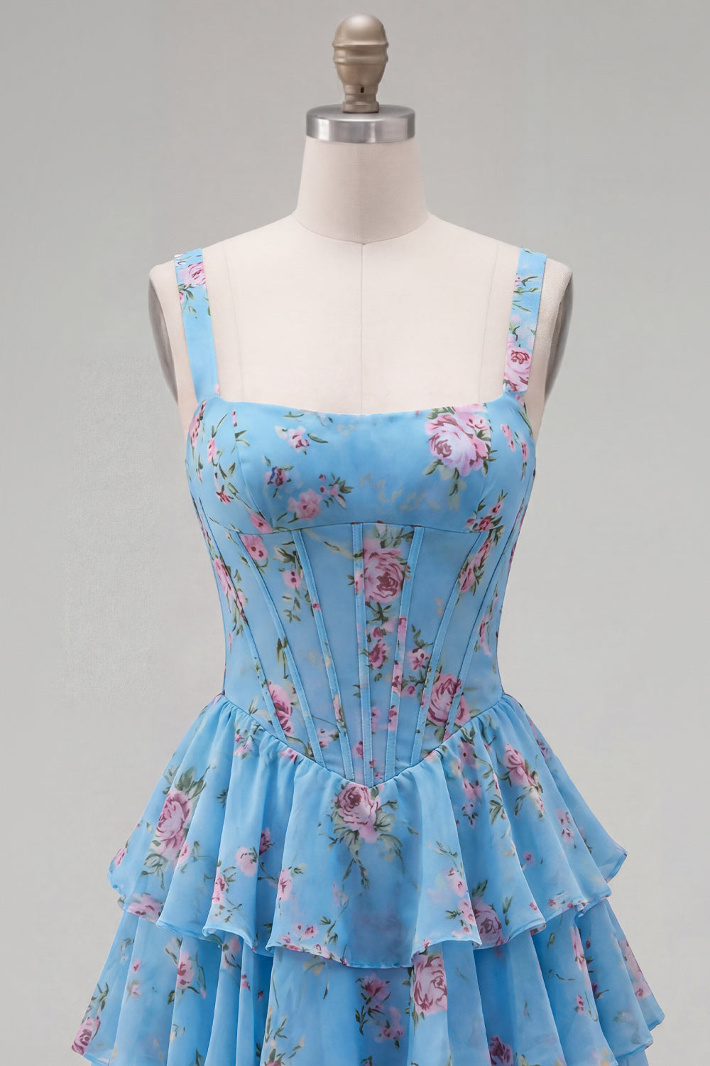 Floral Blue A-Line Tiered Ruffled Short Corset Homecoming Dress