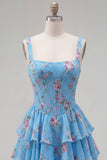 Floral Blue A-Line Tiered Ruffled Short Corset Homecoming Dress
