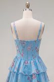 Floral Blue A-Line Tiered Ruffled Short Corset Homecoming Dress