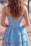 Floral Blue A-Line Tiered Ruffled Short Corset Homecoming Dress