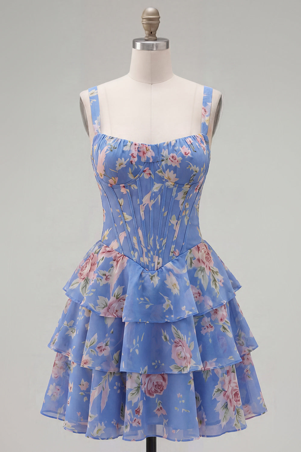Floral Blue A-Line Tiered Ruffled Short Corset Homecoming Dress