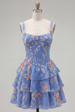 Floral Blue A-Line Tiered Ruffled Short Corset Homecoming Dress