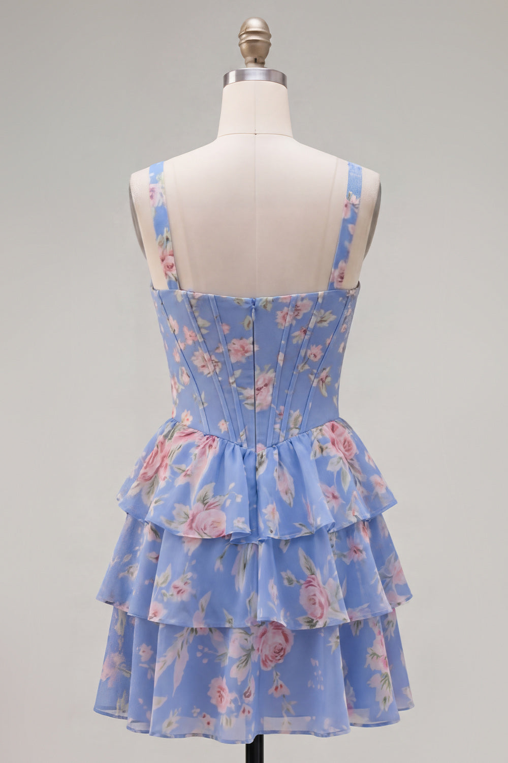 Floral Blue A-Line Tiered Ruffled Short Corset Homecoming Dress