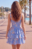 Floral Blue A-Line Tiered Ruffled Short Corset Homecoming Dress