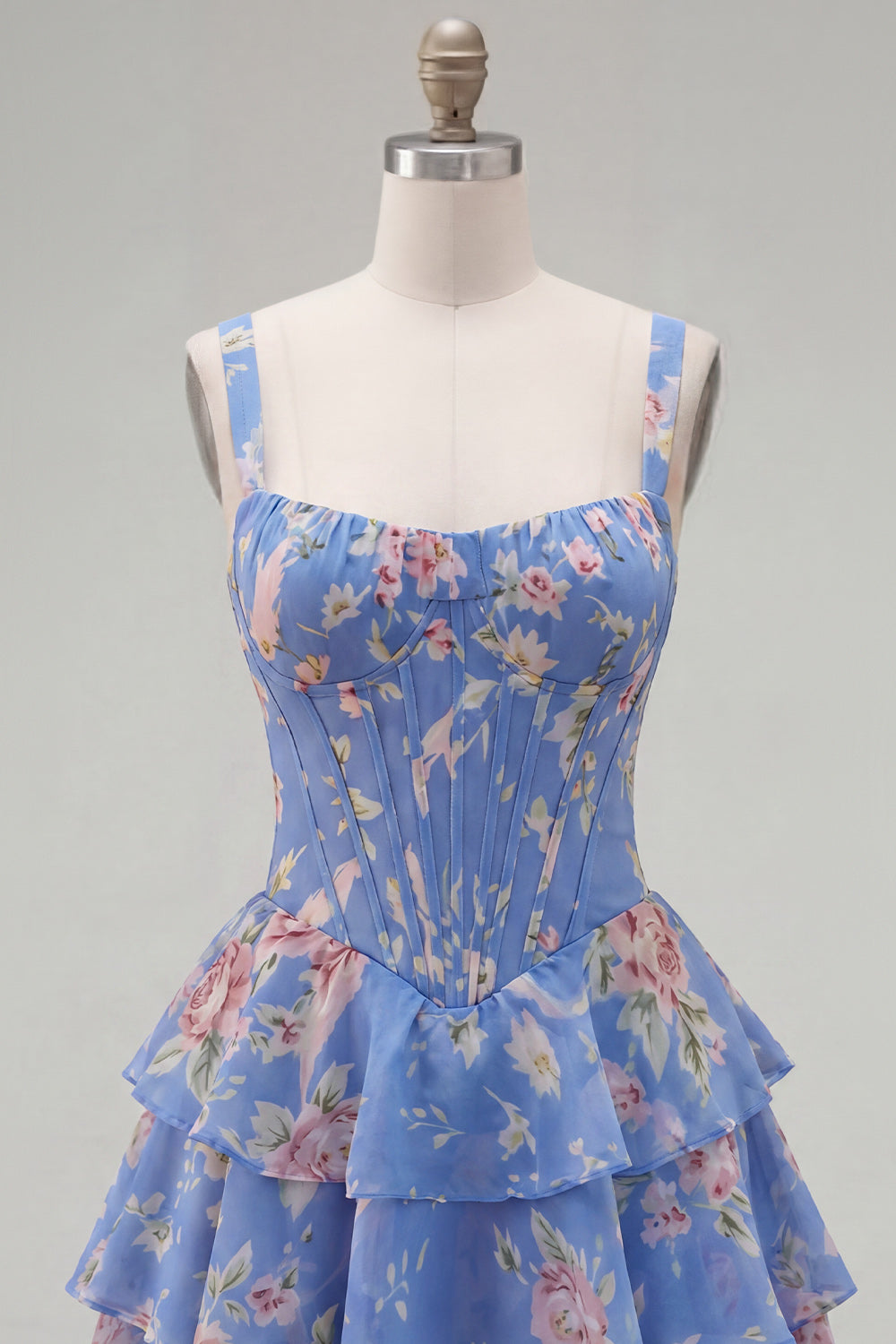 Floral Blue A-Line Tiered Ruffled Short Corset Homecoming Dress