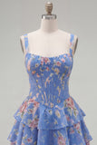 Floral Blue A-Line Tiered Ruffled Short Corset Homecoming Dress