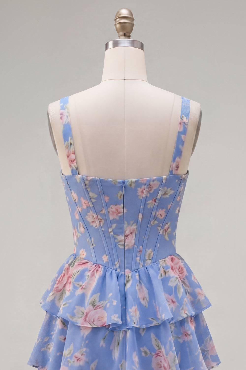 Floral Blue A-Line Tiered Ruffled Short Corset Homecoming Dress