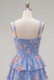 Floral Blue A-Line Tiered Ruffled Short Corset Homecoming Dress