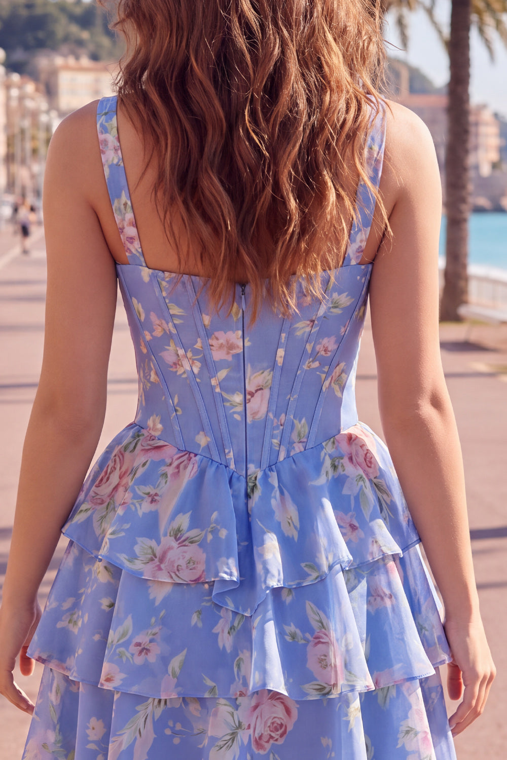 Floral Blue A-Line Tiered Ruffled Short Corset Homecoming Dress