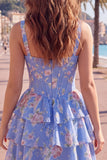 Floral Blue A-Line Tiered Ruffled Short Corset Homecoming Dress