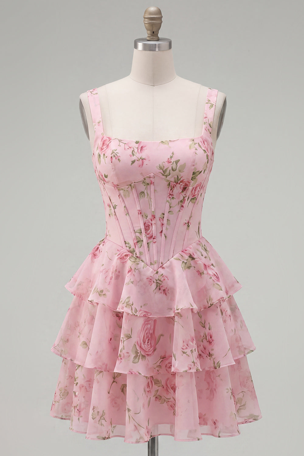Floral Blue A-Line Tiered Ruffled Short Corset Homecoming Dress