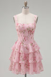 Floral Blue A-Line Tiered Ruffled Short Corset Homecoming Dress