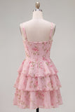 Floral Blue A-Line Tiered Ruffled Short Corset Homecoming Dress
