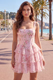 Floral Blue A-Line Tiered Ruffled Short Corset Homecoming Dress