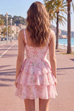 Floral Blue A-Line Tiered Ruffled Short Corset Homecoming Dress